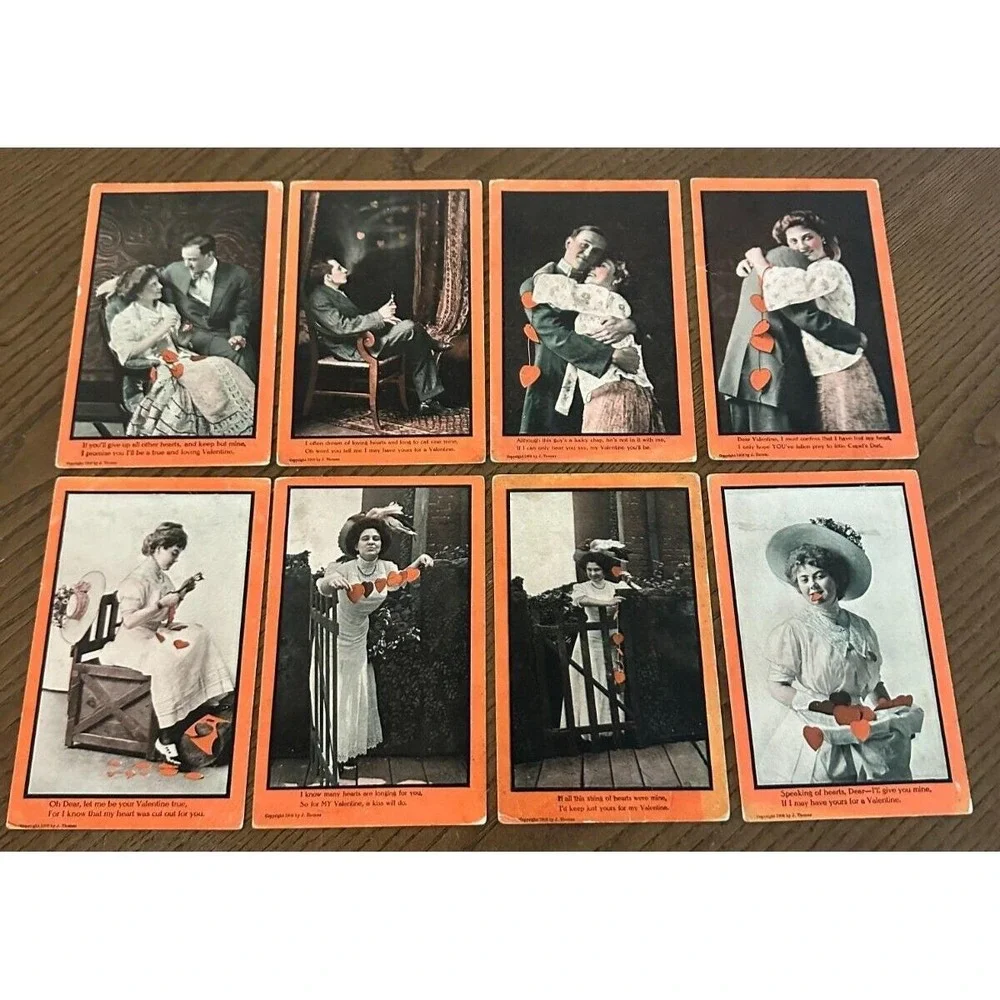8 RPPC Postcards 1908 VALENTINE J.Thomas Victorian Hearts‎ Love Romance Flirty